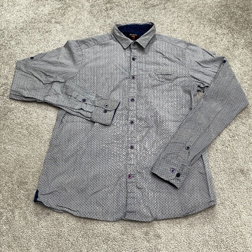 Cougar Slim Fit Button Down Shirt Mens Large Blue Pinstripe Diamond Print Cotton